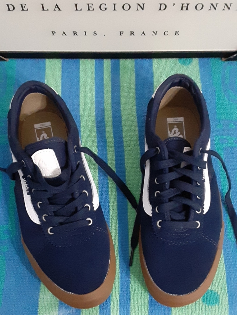 Vans Navy Canvas Sneakers with White Side Stripe and Gum Outsole
